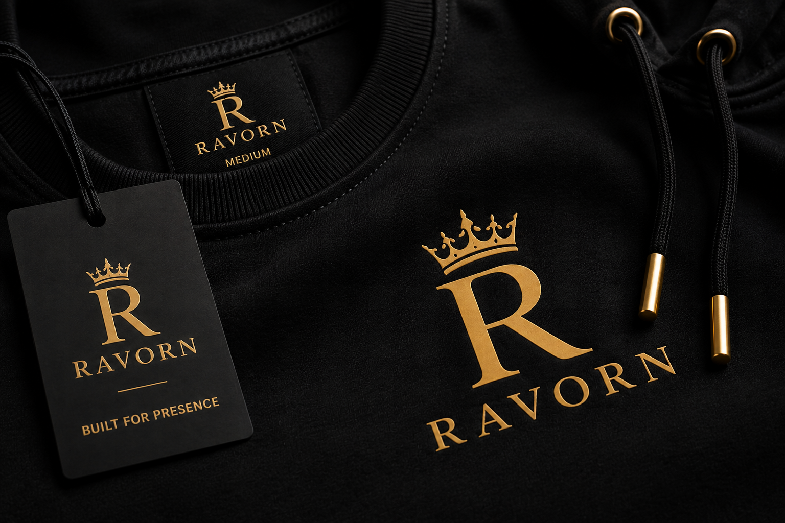 Close-up of premium black Ravorn clothing with gold branding and details
